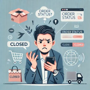 DALL·E 2024 10 24 20.56.27 A frustrated customer trying to understand their online order status on a mobile phone showing confusion and concern. The background should feature e 1