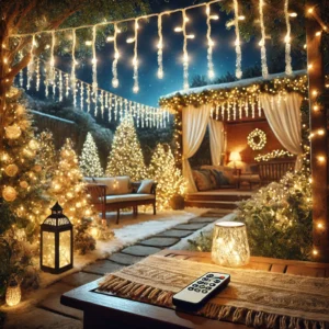 DALL·E 2024 10 25 06.05.18 A beautiful outdoor scene featuring a string of warm white icicle lights hanging across a festive garden during a cozy evening. The lights are soft an 1
