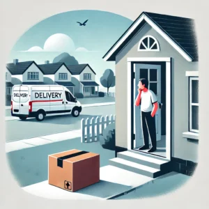 DALL·E 2024 10 25 06.28.17 A thoughtful scene with a delivery package left at a doorstep. The house appears empty but a person inside is looking out a window confused about th 1