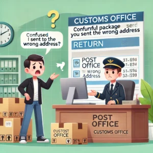 DALL·E 2024 10 25 06.38.24 A helpful scene showing a person confused about a returned package they sent to the wrong address with a post office box in the background labeled as 1