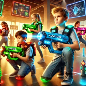 DALL·E 2024 10 26 06.21.38 A lively and vibrant scene of children playing an indoor and outdoor laser tag game with futuristic looking VATOS laser guns suitable for boys and gi 1