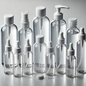 DALL·E 2024 10 27 05.47.24 A high quality image of a set of transparent empty plastic squeeze bottles with flip caps in various sizes 5ml 10ml 15ml 20ml 30ml 50ml 60ml 1