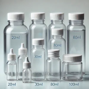 DALL·E 2024 10 27 06.30.59 A set of transparent plastic pill containers with screw caps in different sizes 20ml 30ml 80ml 100ml arranged neatly on a light background. The c 1