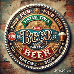 DALL·E 2024 10 28 08.32.43 A vintage style round metal beer sign in an eye catching design with retro text and art in bold vibrant colors suitable for pub or man cave wall dec 1