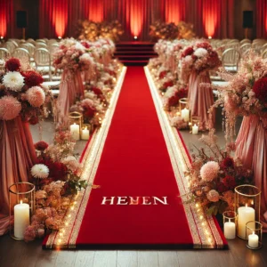 DALL·E 2024 10 29 06.34.56 An image featuring a luxurious red carpet aisle runner set up for a wedding or special event. The carpet has a soft velvety texture and is decorated 1