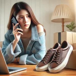 DALL·E 2024 10 29 19.31.12 An image showing a concerned customer looking at a pair of shoes while holding a mobile phone conveying a feeling of needing customer support. The se 1