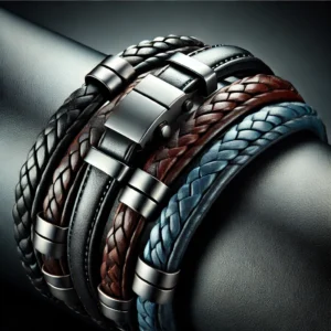 DALL·E 2024 10 29 19.49.24 A close up image of a stylish multi layered leather bracelet available in black coffee and blue colors with a sleek metal clasp. The bracelet fea 1