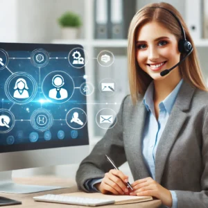 DALL·E 2024 10 29 22.52.43 A friendly customer service representative in a virtual support setting with a computer and communication tools ready to assist. The background sugge 1