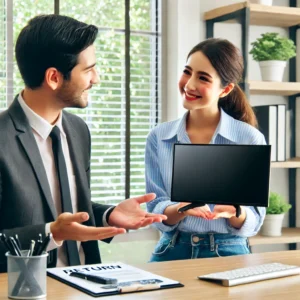 DALL·E 2024 10 30 07.26.43 An image of a customer service representative politely explaining a return process to a customer holding a non functioning TV Smart device. The backgr 1