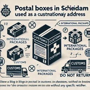 DALL·E 2024 10 31 06.51.35 A blog illustration explaining postal boxes in Schiedam used as a customs intermediary address featuring symbols for international packages customs 1