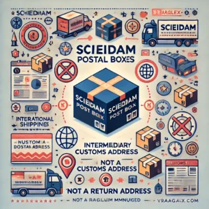 DALL·E 2024 10 31 20.41.28 A clear and informative blog illustration explaining Schiedam postal boxes as intermediary customs addresses with a not a return address symbol. Inc 1