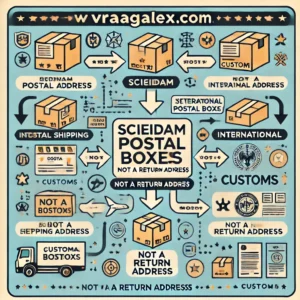 DALL·E 2024 10 31 20.54.30 An informative blog illustration about the role of Schiedam postal boxes in customs processing clearly labeled not a return address with symbols fo 1