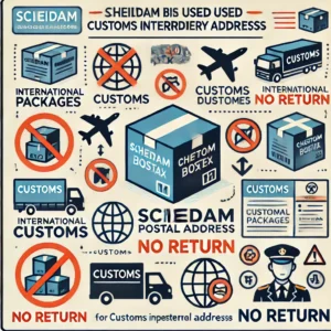 DALL·E 2024 10 31 21.07.00 An educational illustration showing that Schiedam postal boxes are used as customs intermediary addresses not as return addresses. Include icons for 1