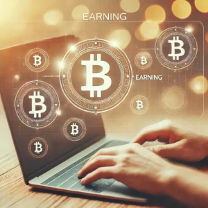 DALL·E 2024 11 04 06.18.52 A friendly and informative image showing a person using a laptop to access a cryptocurrency earning website with small symbols of Bitcoin visible on 1
