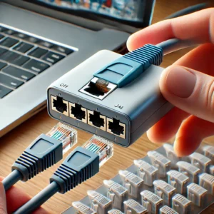 DALL·E 2024 11 05 05.47.40 A detailed image of an RJ45 cable splitter adapter in use featuring a male RJ45 connector plugged into a port and extending into multiple female RJ45 1