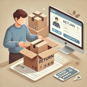 DALL·E 2024 11 06 17.48.19 A supportive and informative image showing a person carefully packaging a return item in a box with a computer or smartphone displaying a contact for 1