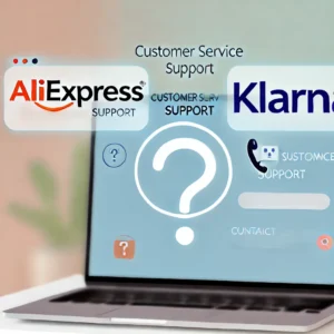 DALL·E 2024 11 07 18.49.52 A support themed blog image featuring a laptop screen displaying AliExpress and Klarna logos with question marks around them. The background should hi 1
