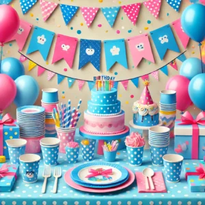 DALL·E 2024 11 10 09.07.42 A cheerful and vibrant image of a childrens birthday party setup with generic blue and pink party decorations. The table is set with colorful paper p 1
