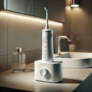 DALL·E 2024 11 10 20.08.54 A modern sleek setup featuring a white Xiaomi oral irrigator water flosser on a bathroom countertop. The irrigator has a compact design with a USB 1