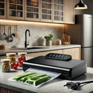 DALL·E 2024 11 11 18.49.01 A sleek modern kitchen countertop with an electric vacuum food sealer machine prominently placed on it. The vacuum sealer is black with a compact des 1