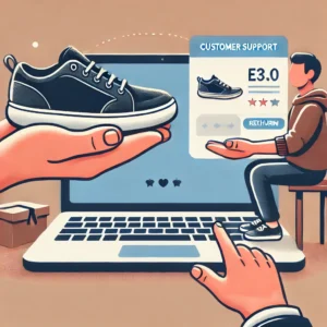 DALL·E 2024 11 13 09.19.12 An illustration showing a person holding a pair of sneakers that dont fit with a laptop displaying an online shopping website nearby. The setting is 1