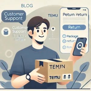 DALL·E 2024 11 13 09.39.53 A friendly blog illustration showing a person holding a package with a return label looking at a smartphone with Temus logo subtly displayed. The b 1