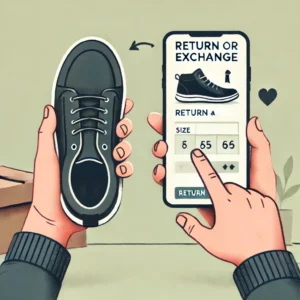 DALL·E 2024 11 13 18.48.06 A friendly illustration of a person holding a shoe and checking the size label with a smartphone displaying a return or exchange form nearby. The bac 1