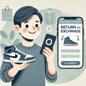 DALL·E 2024 11 13 18.53.53 A friendly illustration of a person holding sneakers and looking at a smartphone with a return or exchange form on the screen. The background subtly 1