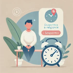 DALL·E 2024 11 13 19.03.57 A supportive illustration showing a person waiting for a response on a chat with a clock and notification symbol nearby symbolizing patience and hum 1