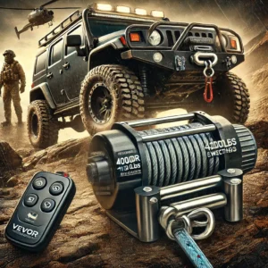 DALL·E 2024 11 22 08.50.52 An image promoting the VEVOR 4000LBS 12V electric winch showcasing its robust design and off road utility. Include a rugged off road vehicle with the 1