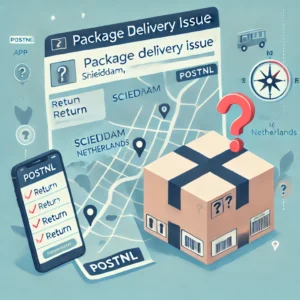 DALL·E 2024 11 26 08.40.27 An informative illustration of a package delivery issue featuring a parcel with a return label and a highlighted map of Schiedam Netherlands. The im 1