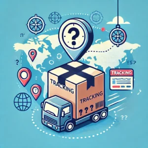 DALL·E 2024 11 27 06.56.18 A professional illustration featuring a package with a tracking code and a question mark to indicate uncertainty about its location. The design should 1