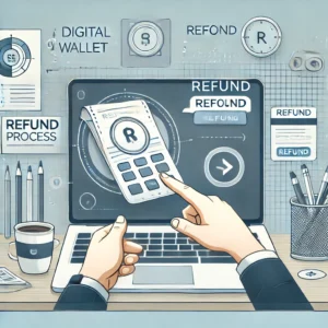 DALL·E 2024 11 27 14.57.53 A professional illustration depicting a user interacting with a digital wallet interface on a laptop screen. The scene shows a refund process being ex 1