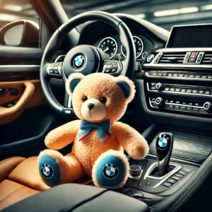 DALL·E 2024 12 03 06.19.00 A promotional image showcasing a stylish and playful Teddy Bear car accessory for BMW cars. The bear is plush and colorful placed inside a sleek and 1