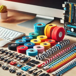 DALL·E 2024 12 03 07.14.49 A close up image showcasing a variety of colorful cable organizers neatly arranged on a desk including velcro tape spiral protectors and cable clip 1
