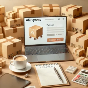 DALL·E 2024 12 03 18.49.46 A visually appealing representation of an online shopping experience featuring a laptop on a desk displaying an AliExpress like interface surrounded 1