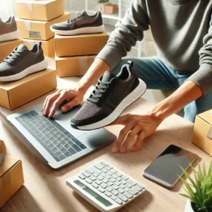 DALL·E 2024 12 03 19.09.37 A visually appealing image showing a person shopping for sports shoes online on a laptop with a clean workspace and neatly packed parcels in the back 1