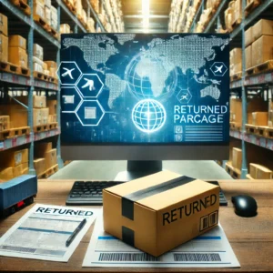 DALL·E 2024 12 03 19.17.12 An image of a returned parcel in a warehouse setting emphasizing international e commerce logistics. The background features neatly stacked boxes and 1