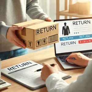 DALL·E 2024 12 03 19.25.01 An image of a customer preparing to return a package showing a parcel with a return label and a laptop displaying an e commerce website. The setting 1