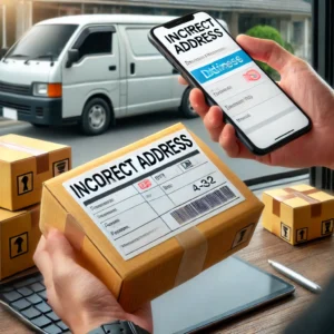 DALL·E 2024 12 03 20.10.45 A parcel with an incorrect address being checked by a courier in a professional setting emphasizing the importance of accurate shipping details. The 1