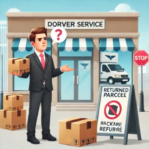 DALL·E 2024 12 03 21.01.38 An image depicting a confused customer holding a returned parcel in front of a retail store with signage indicating a package refusal. The background 1