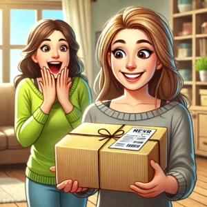 DALL·E 2024 12 05 07.17.22 A cheerful depiction of a surprised customer receiving an unexpected package with a friendly atmosphere and a note suggesting its a gift. The backgr 1