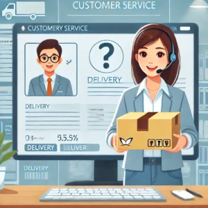 DALL·E 2024 12 05 07.29.22 An illustration of a customer holding a package with a questioning expression surrounded by delivery details on a screen. The background shows a supp 1
