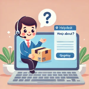 DALL·E 2024 12 05 07.32.58 A friendly illustration of a customer asking about a package with a question mark hovering over the parcel. The setting includes a laptop and a helpd 1