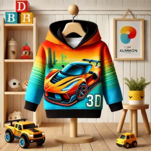 DALL·E 2024 12 07 06.02.06 A stylish childrens hoodie with vibrant 3D car print design displayed in a bright and cheerful room setting. The hoodie is shown on a small mannequi 1