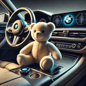 DALL·E 2024 12 07 07.55.29 A high quality teddy bear doll designed as a car accessory for luxury vehicles like BMW displayed on a car dashboard with a sleek and stylish interio 1