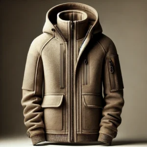 DALL·E 2024 12 08 05.43.09 A sleek modern image of a warm fleece hooded jacket for men designed in khaki color styled casually for fall and winter use. The jacket should have 1