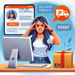 DALL·E 2024 12 10 19.28.59 An illustration representing online shopping challenges featuring a woman frustrated at her computer with a parcel and a delivery service icon on the 1