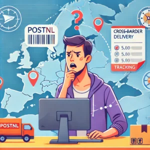 DALL·E 2024 12 10 19.34.20 An illustration of a person looking confused at a computer screen while trying to track a package. The background includes elements like a map of Euro 1