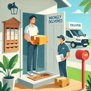 DALL·E 2024 12 11 05.55.01 An illustration of a person holding a wrongly delivered package while standing at their doorstep. The background features a mailbox and a courier van 1